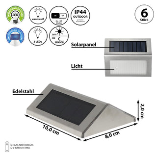 Solar LED Wandleuchte 6er Set 10x8x2cm IP44 Edelstahl Kunststoff warmweiß akkubetrieben Wandlampe