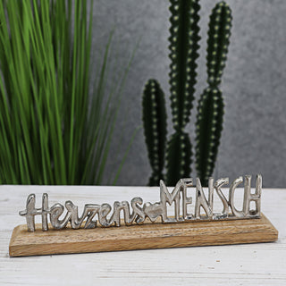 Schriftzug 'Herzensmensch' antik gold/silber 30x7,5x5cm Mangoholz Aluminium Dekoaufsteller Tischdeko Aufsteller
