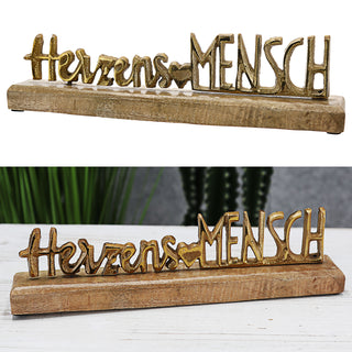 Schriftzug 'Herzensmensch' antik gold/silber 30x7,5x5cm Mangoholz Aluminium Dekoaufsteller Tischdeko Aufsteller