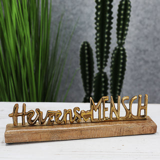 Schriftzug 'Herzensmensch' antik gold/silber 30x7,5x5cm Mangoholz Aluminium Dekoaufsteller Tischdeko Aufsteller