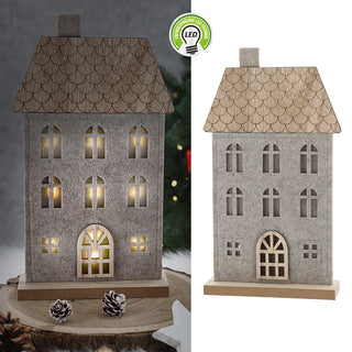 LED Haus auf Holzfuss Polyesterfilz 17x30x5cm 9 LEDs batteriebetrieben Timerfunktion Leuchthaus Dekohaus