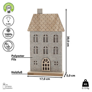 LED Haus auf Holzfuss Polyesterfilz 17x30x5cm 9 LEDs batteriebetrieben Timerfunktion Leuchthaus Dekohaus