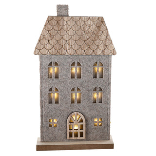 LED Haus auf Holzfuss Polyesterfilz 17x30x5cm 9 LEDs batteriebetrieben Timerfunktion Leuchthaus Dekohaus