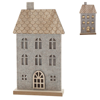 LED Haus auf Holzfuss Polyesterfilz 17x30x5cm 9 LEDs batteriebetrieben Timerfunktion Leuchthaus Dekohaus