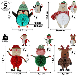 Christbaumschmuck Weihnachtsfiguren Honeycomb 5er Set bunt Papier 300gsm Hänger Rentier Elf Pinguin Santa Eisbär