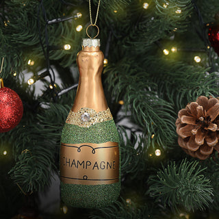 Christbaumschmuck Champagner handbemalt 6x14x6cm Glas bunt Glitzer Weihnachtsaufhänger Baumschmuck