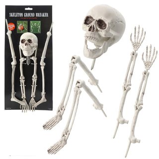 Skelett mit Erdspieß 5tlg. Kunststoff Totenschädel Knochenhände Knochenarme Knochenbeine Horrordekoration Skelettteile Gartenstecker Outdoor