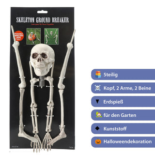 Skelett mit Erdspieß 5tlg. Kunststoff Totenschädel Knochenhände Knochenarme Knochenbeine Horrordekoration Skelettteile Gartenstecker Outdoor