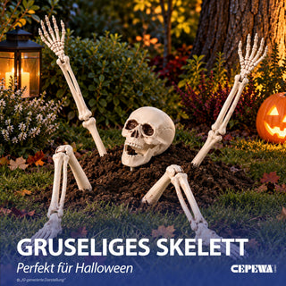 Skelett mit Erdspieß 5tlg. Kunststoff Totenschädel Knochenhände Knochenarme Knochenbeine Horrordekoration Skelettteile Gartenstecker Outdoor