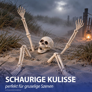 Skelett mit Erdspieß 5tlg. Kunststoff Totenschädel Knochenhände Knochenarme Knochenbeine Horrordekoration Skelettteile Gartenstecker Outdoor