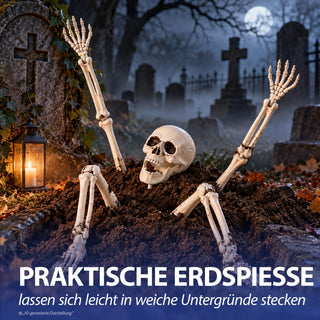 Skelett mit Erdspieß 5tlg. Kunststoff Totenschädel Knochenhände Knochenarme Knochenbeine Horrordekoration Skelettteile Gartenstecker Outdoor