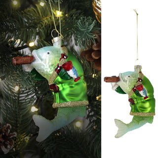 Christbaumschmuck Fisch mit Zigarre handbemalt 7,5x10,5x6cm Glas bunt Glitzer Weihnachtsaufhänger Baumschmuck