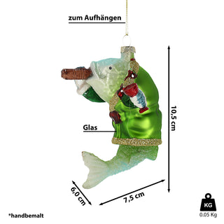 Christbaumschmuck Fisch mit Zigarre handbemalt 7,5x10,5x6cm Glas bunt Glitzer Weihnachtsaufhänger Baumschmuck
