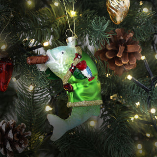 Christbaumschmuck Fisch mit Zigarre handbemalt 7,5x10,5x6cm Glas bunt Glitzer Weihnachtsaufhänger Baumschmuck