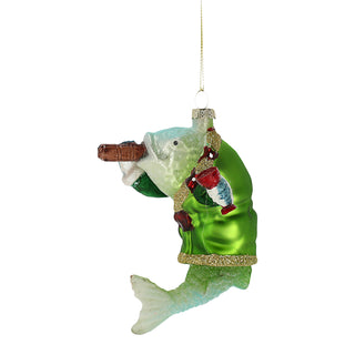 Christbaumschmuck Fisch mit Zigarre handbemalt 7,5x10,5x6cm Glas bunt Glitzer Weihnachtsaufhänger Baumschmuck