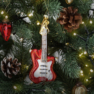 Christbaumschmuck Gitarre handbemalt 5,5x15x2,5cm Glas bunt Glitzer Weihnachtsaufhänger Baumschmuck