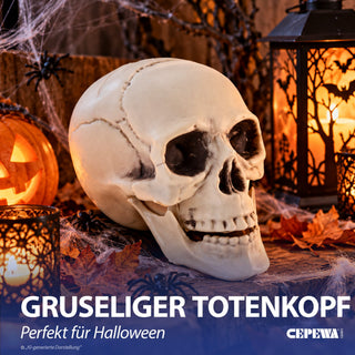 Totenkopf zum Aufstellen Kunststoff 15x15x18cm Totenschädel Horrordekoration Skelettkopf Dekoschädel Knockenoptik Halloweendeko