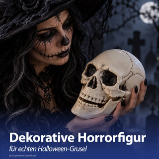 Totenkopf zum Aufstellen Kunststoff 15x15x18cm Totenschädel Horrordekoration Skelettkopf Dekoschädel Knockenoptik Halloweendeko