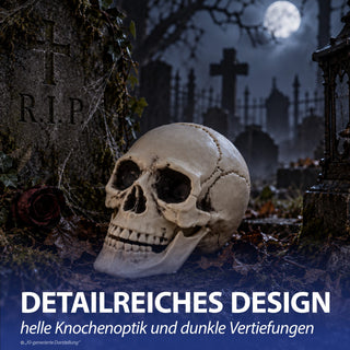 Totenkopf zum Aufstellen Kunststoff 15x15x18cm Totenschädel Horrordekoration Skelettkopf Dekoschädel Knockenoptik Halloweendeko