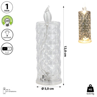 1/12x LED Kerze Kristall klar 5x12cm Kunststoff warmweiß Ein-/Ausschalter flammenlos Kristalloptik
