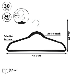Kleiderbügel Antirutsch 30er Set Bügel beflockt schwarz 360° Haken drehbar dünn platzsparend