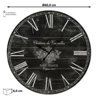 Wanduhr XL Ø60cm schwarz Vintage Shabby Chic Küchenuhr Uhr Wohnzimmeruhr batteriebetrieben