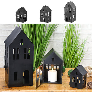 Windlicht Haus 3er Set 3 Größen Eisen schwarz Metallhaus Dekohaus Laterne Leuchthäuser