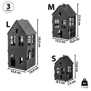 Windlicht Haus 3er Set 3 Größen Eisen schwarz Metallhaus Dekohaus Laterne Leuchthäuser