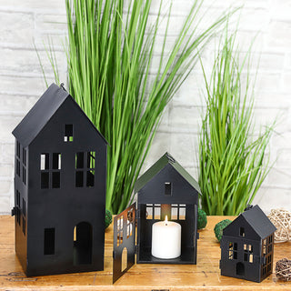 Windlicht Haus 3er Set 3 Größen Eisen schwarz Metallhaus Dekohaus Laterne Leuchthäuser