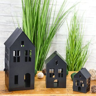 Windlicht Haus 3er Set 3 Größen Eisen schwarz Metallhaus Dekohaus Laterne Leuchthäuser
