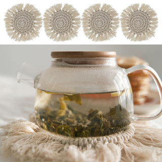 Makramee Untersetzer 4er Set creme Ø10cm Boho-Design Tischset Platzset rund Baumwolle Dekoset