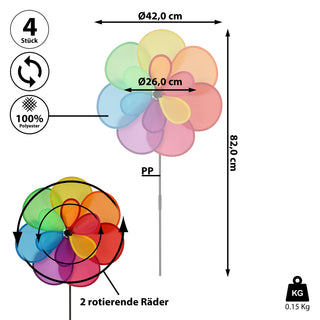 XL Windrad bunt 4er Set 42x82cm 2 Räder Ø 26cm + 42cm Windmühle Beetstecker Blumentopfstecker Gartendekoration