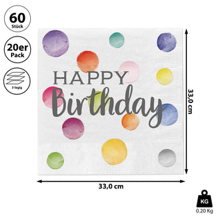 Servietten "Happy Birthday" 60er Set 3lagig Papierserviette Motivserviette stoffähnlich Tuch