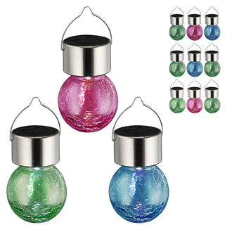 4/12/24x LED Solarleuchte Crackle pink blau hellgrün 9x13cm Glas Edelstahl Plastik Leuchtkugel