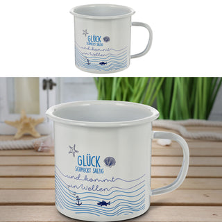 Kaffeebecher "Kaffeetante" 13x9x9cm Emaille Eisen Metall Becher Tasse 450 ml Teetasse Henkelbecher