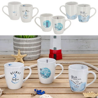 Kaffeebecher "Maritim" 3er Set Steingut bauchig 12,5x9,5x8,2cm Becher Tasse 350 ml 3 Motive Teetasse Henkelbecher