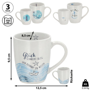 Kaffeebecher "Maritim" 3er Set Steingut bauchig 12,5x9,5x8,2cm Becher Tasse 350 ml 3 Motive Teetasse Henkelbecher