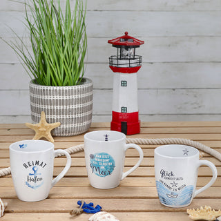 Kaffeebecher "Maritim" 3er Set Steingut bauchig 12,5x9,5x8,2cm Becher Tasse 350 ml 3 Motive Teetasse Henkelbecher