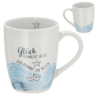 Kaffeebecher "Maritim" 3er Set Steingut bauchig 12,5x9,5x8,2cm Becher Tasse 350 ml 3 Motive Teetasse Henkelbecher