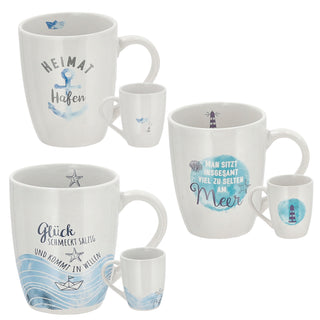 Kaffeebecher "Maritim" 3er Set Steingut bauchig 12,5x9,5x8,2cm Becher Tasse 350 ml 3 Motive Teetasse Henkelbecher