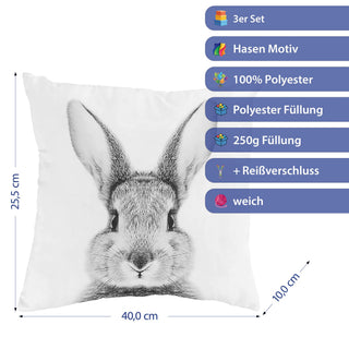 Kissen 'Hase' Supersoft 40x40cm weiß Polyester 250g Füllung Reißverschluss Sofakissen Kuschelkissen Hasenkopf Zeichnung