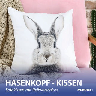 Kissen 'Hase' Supersoft 40x40cm weiß Polyester 250g Füllung Reißverschluss Sofakissen Kuschelkissen Hasenkopf Zeichnung