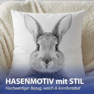 Kissen 'Hase' Supersoft 40x40cm weiß Polyester 250g Füllung Reißverschluss Sofakissen Kuschelkissen Hasenkopf Zeichnung