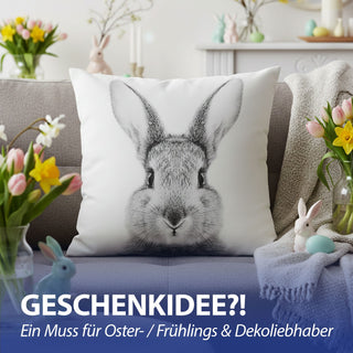 Kissen 'Hase' Supersoft 40x40cm weiß Polyester 250g Füllung Reißverschluss Sofakissen Kuschelkissen Hasenkopf Zeichnung