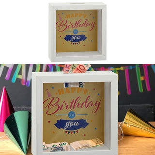 Spardose "Hochzeitskasse" "Happy Birthday" B14,5cm Sparbüchse Gelddose Bilderrahmen MDF Glas Geldgeschenk