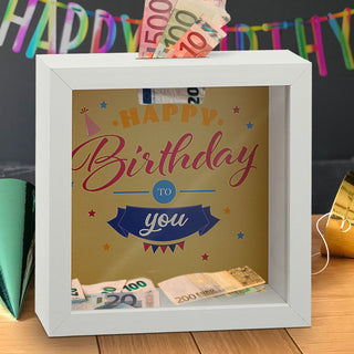 Spardose "Hochzeitskasse" "Happy Birthday" B14,5cm Sparbüchse Gelddose Bilderrahmen MDF Glas Geldgeschenk