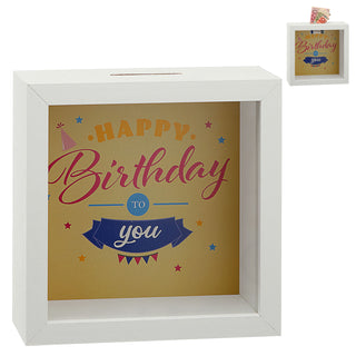 Spardose "Hochzeitskasse" "Happy Birthday" B14,5cm Sparbüchse Gelddose Bilderrahmen MDF Glas Geldgeschenk
