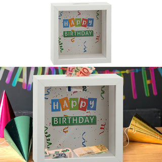 Spardose "Hochzeitskasse" "Happy Birthday" B14,5cm Sparbüchse Gelddose Bilderrahmen MDF Glas Geldgeschenk