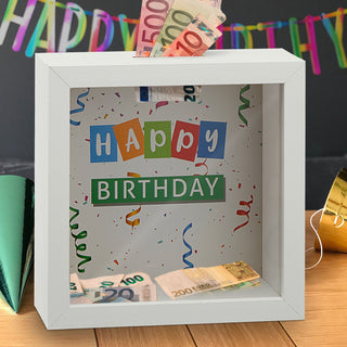 Spardose "Hochzeitskasse" "Happy Birthday" B14,5cm Sparbüchse Gelddose Bilderrahmen MDF Glas Geldgeschenk