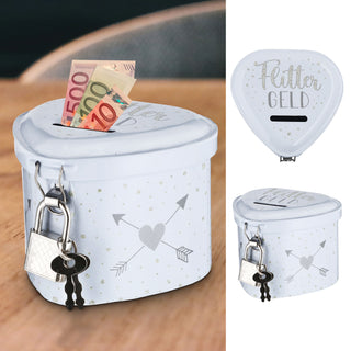 Spardose "Flittergeld" Hochzeit 8x6x7,5cm Herzform weiß Metall abschließbar Sparbüchse Büchse Gelddose
